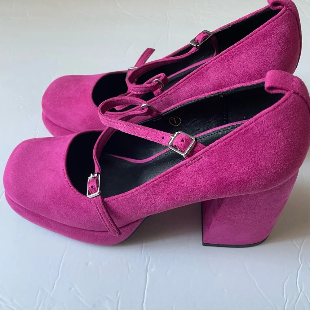 Pink Suede Mary Jane Platform Heels, 7 - Picture 5 of 11